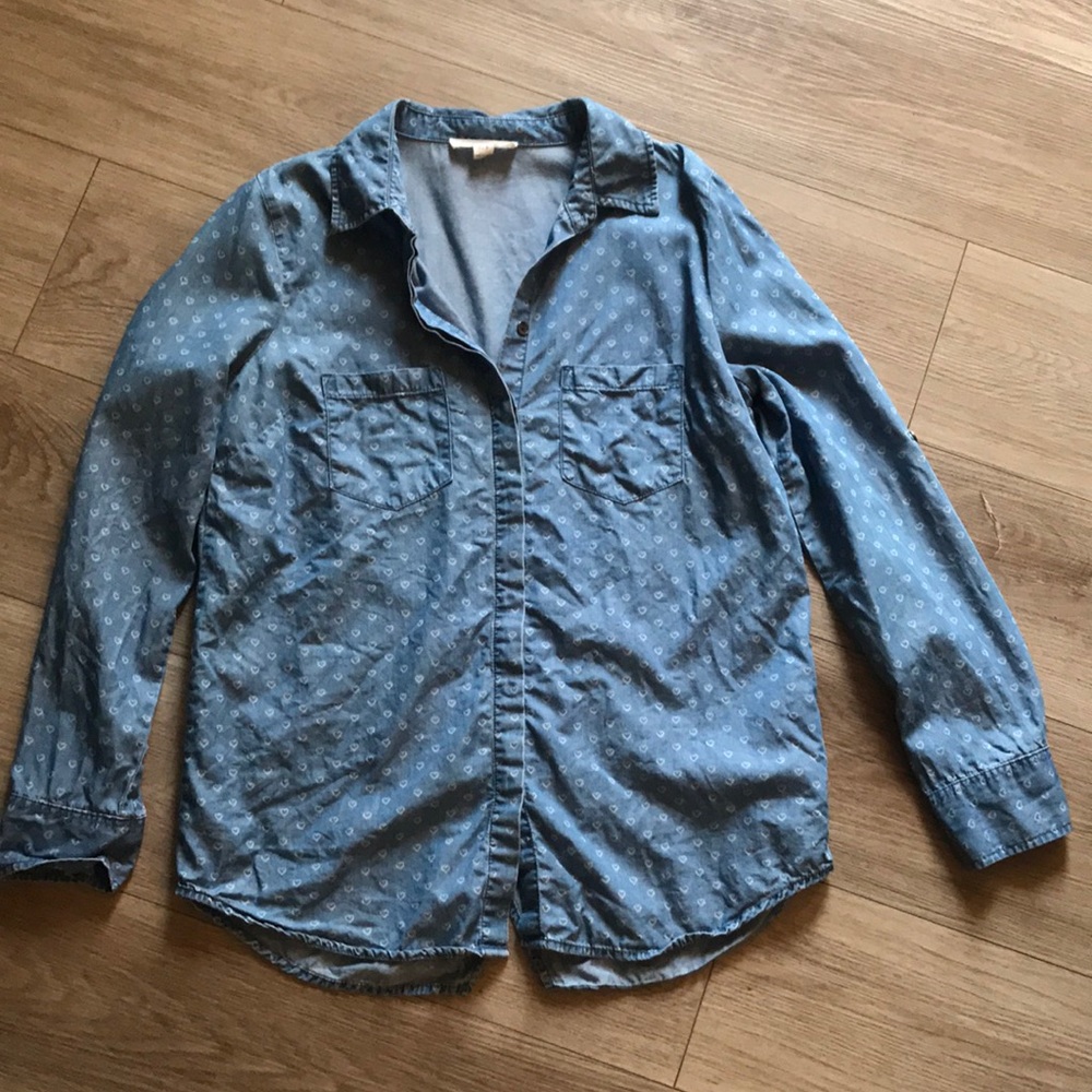 Beachlunchlounge Heart Print Long Sleeve Chambray Shirt szS